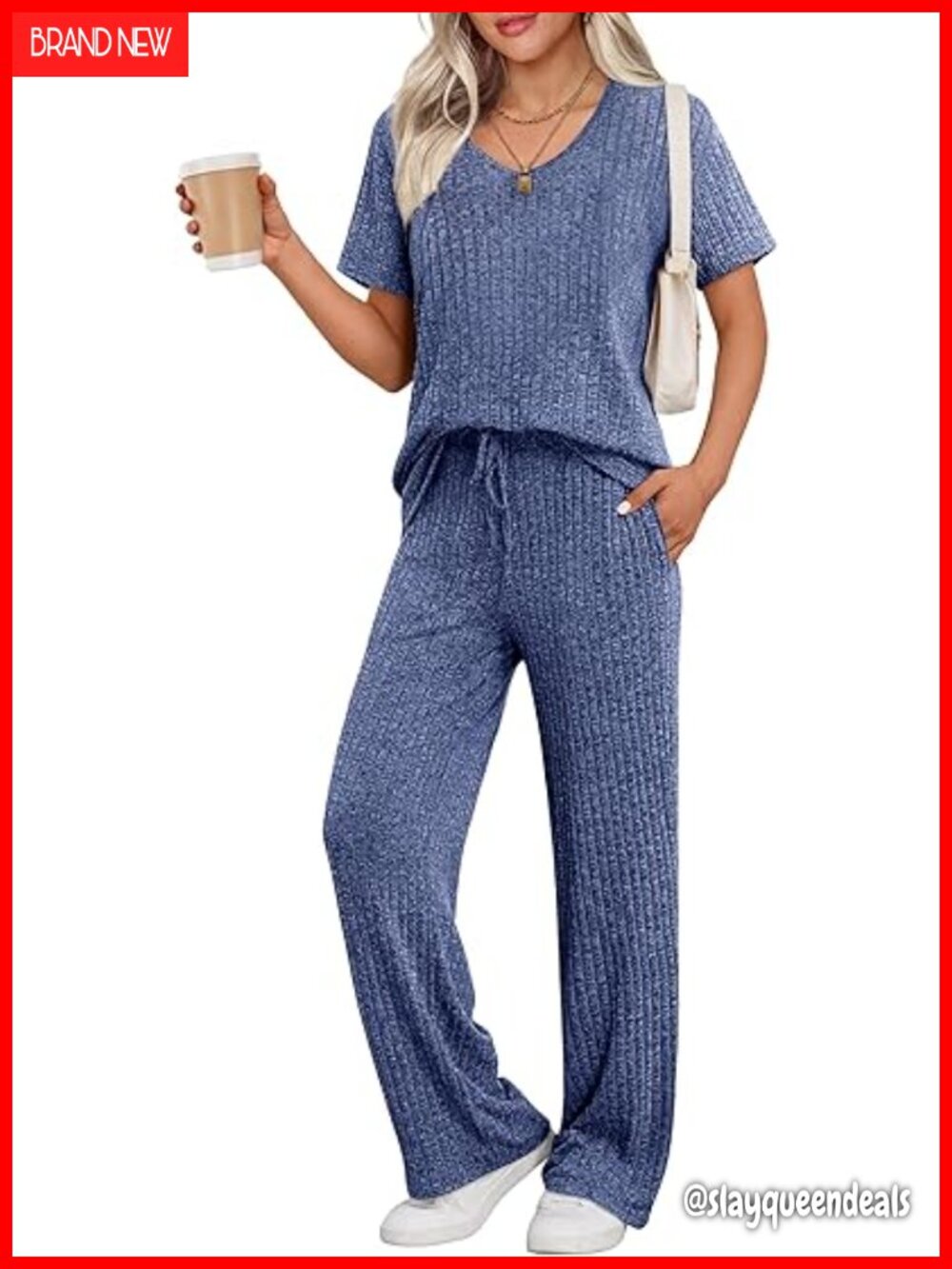 Ribbed Knit Lounge Set - Short Sleeve Top & Long Pants Pajama Set